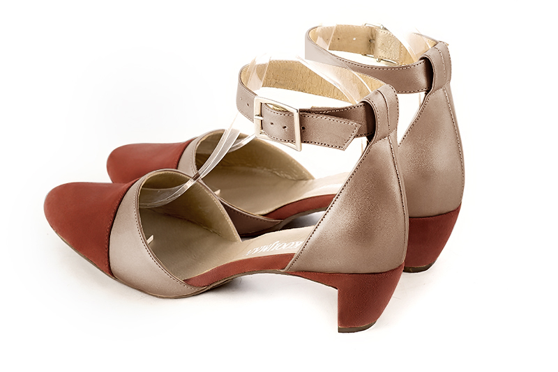 Terracotta orange and tan beige women's open side shoes, with a strap around the ankle. Round toe. Low comma heels. Rear view - Florence KOOIJMAN